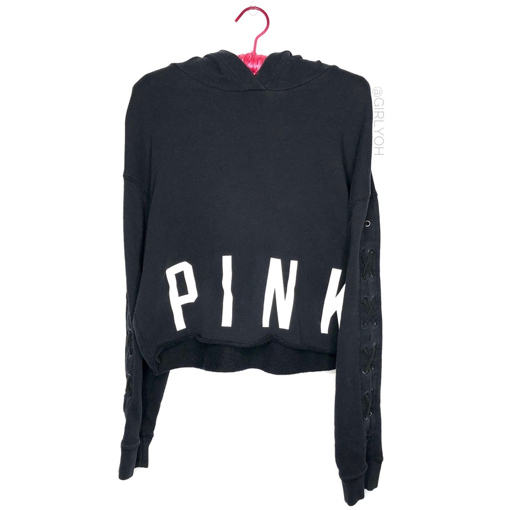 PINK Victoria’s Secret Black Lace Up Sleeve Crop Hoodie